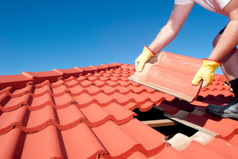 Person wearing gloves installing large red shingles on a roof