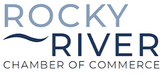 The Rocky River Chamber of Commerce logo, featuring the words "ROCKY RIVER" with a wave-like line between them, and "Chamber of Commerce" written below in smaller font.