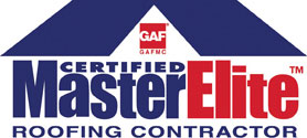 The GAF Certified Master Elite Roofing Contractor logo, featuring a roof design above the words "Master Elite" in bold lettering.