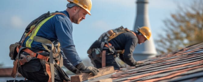 Construction worker with safety hardhat working on roof tiles installation.