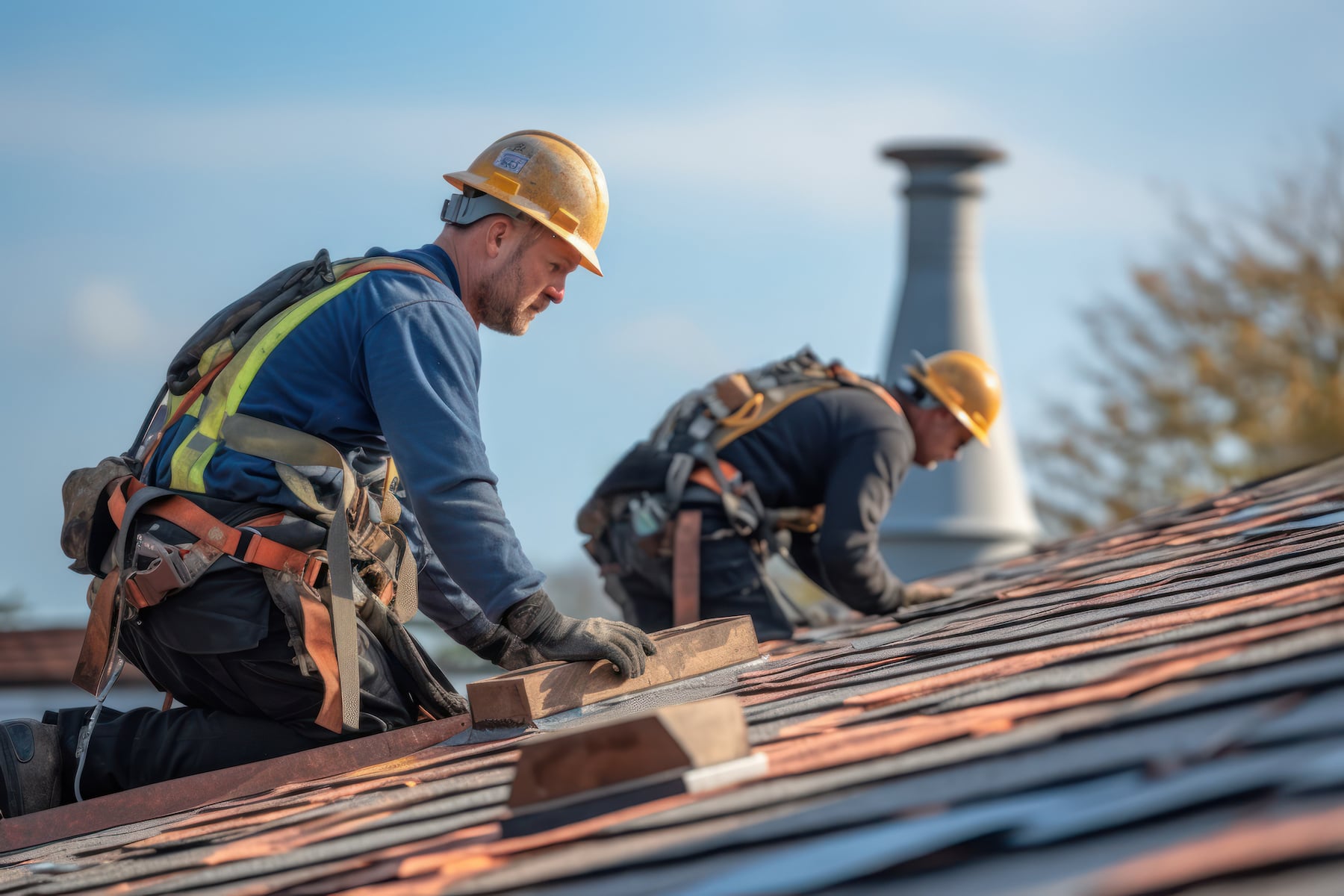 Construction worker with safety hardhat working on roof tiles installation.