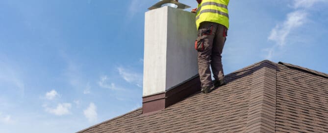 Man with yellow vest is repairing chimney in brown roof