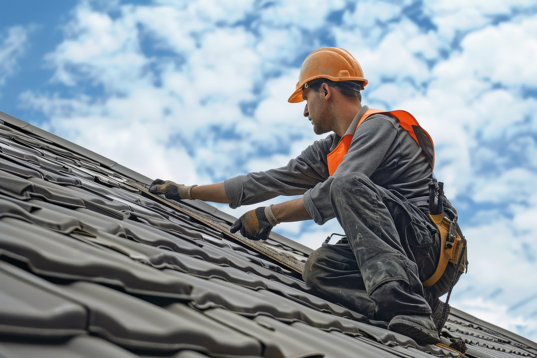  A construction worker wearing an orange hard hat and high-visibility vest repairing a roof with dark metal tiles. The worker is crouched on the sloped roof, using tools to secure tiles. The sky in the background is bright and partly cloudy, indicating clear weather.
