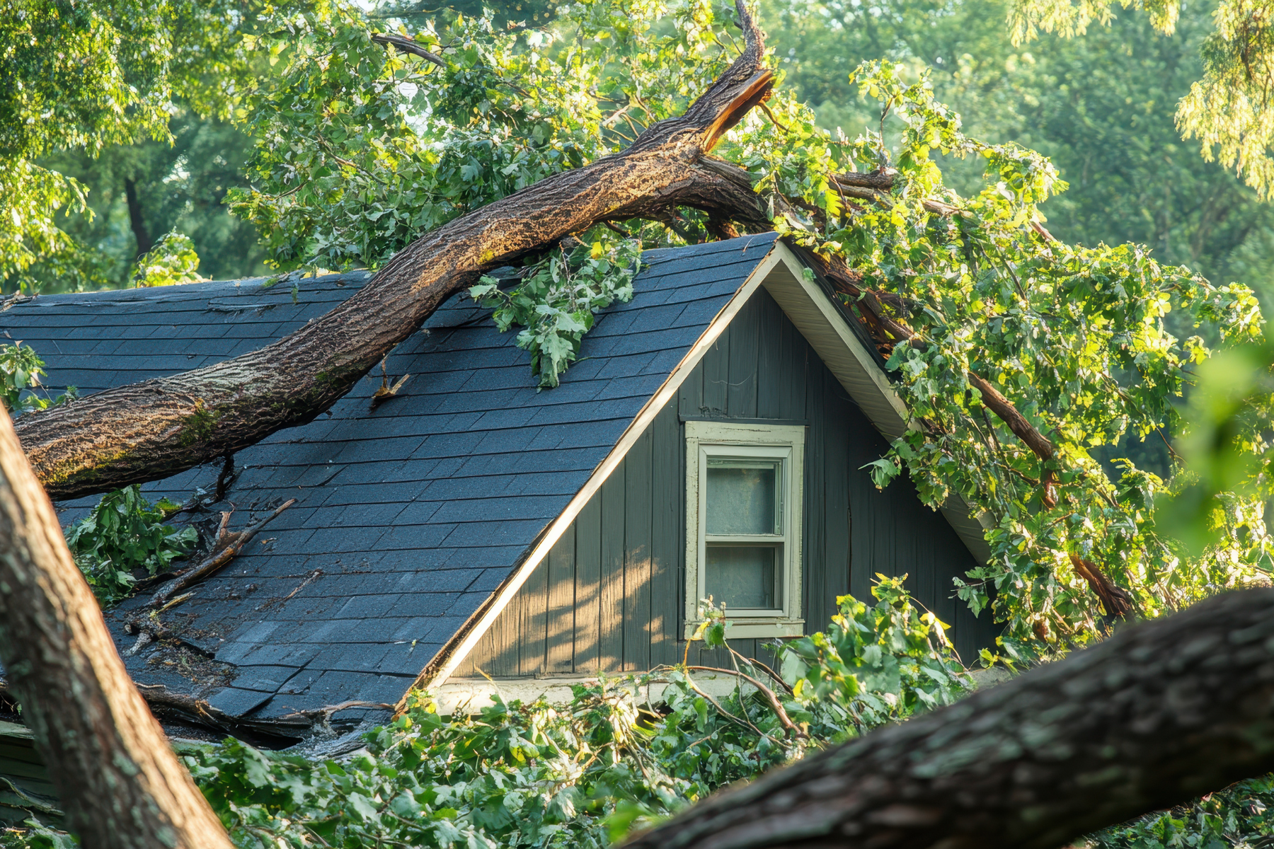 A house with a dark blue shingle roof damaged by a large fallen tree branch. The tree's green leaves and thick trunk are spread across the roof, with visible structural damage. The house is surrounded by lush greenery in a forested setting.