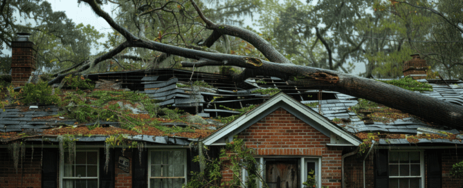 A brick house with severe storm damage, including a large fallen tree resting on the roof and scattered debris covering the structure and surrounding yard.