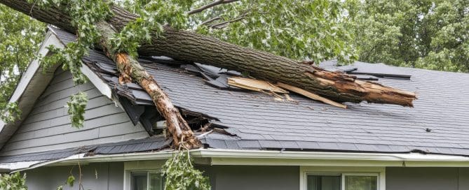 A tree has fallen on the roof, causing severe damage, including broken tiles and displaced roofing material. The image illustrates the extent of destruction that can result from natural events like storms.