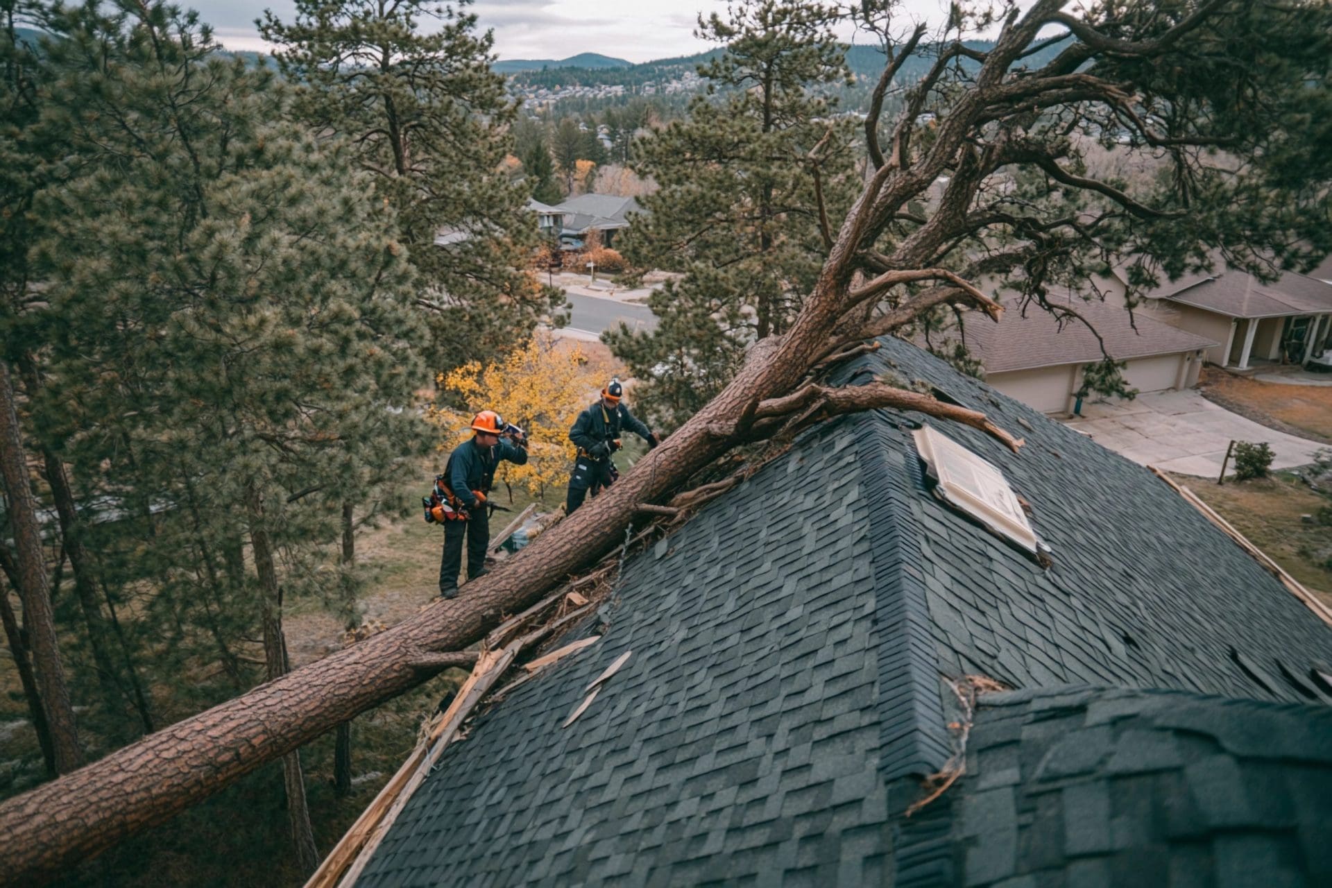 A worker is repairing or maintaining a roof. He is wearing protective gear, including a helmet and gloves, and is working on the roof's surface. The image shows the careful handling of materials and tools, emphasizing safety while performing roof repairs.