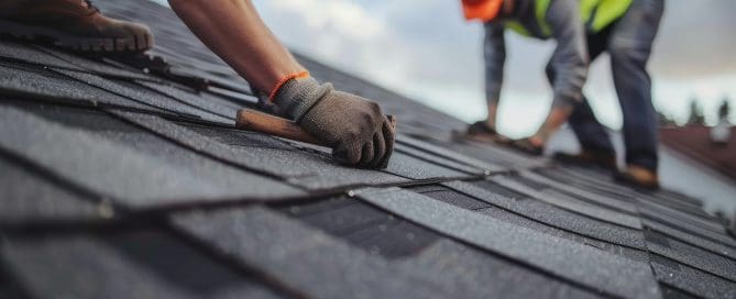 Two workers are on a roof, one is using a hammer to install shingles, while the other appears to be overseeing the process. The workers are wearing safety gear such as helmets and vests.