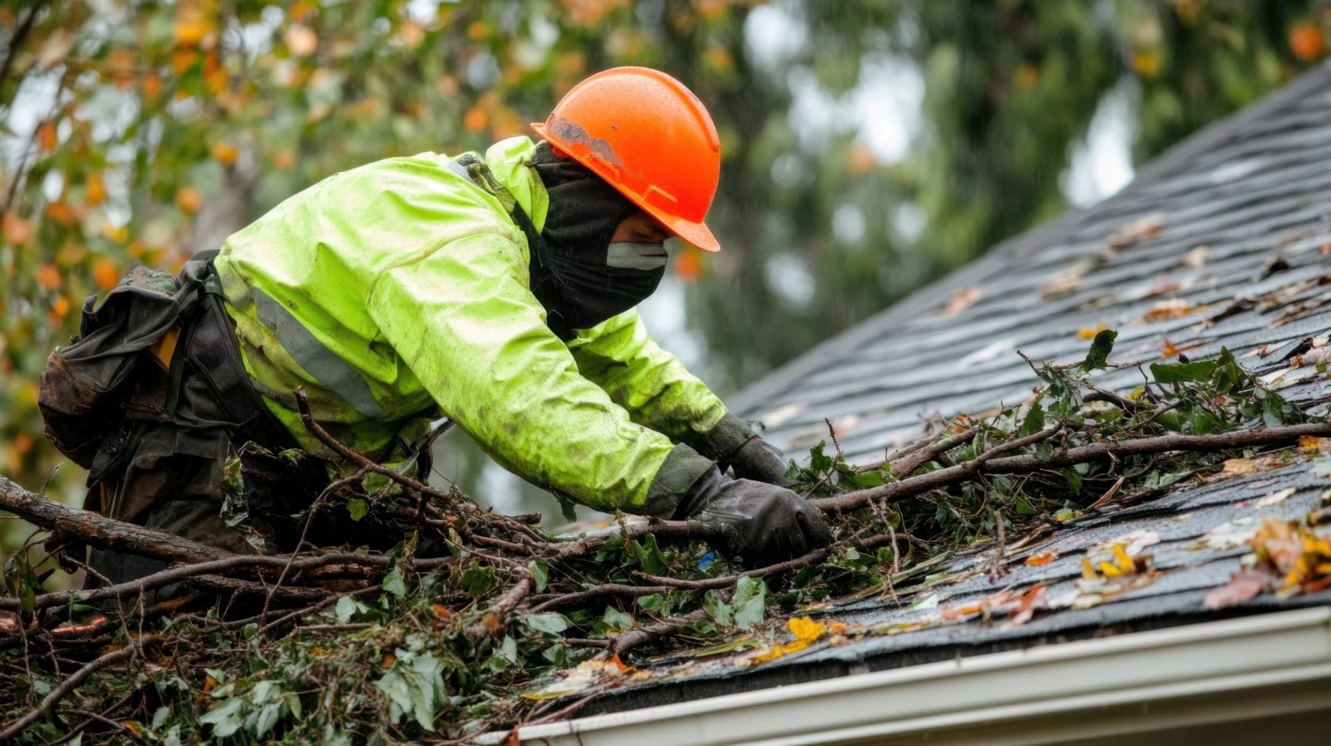 The image shows a person cleaning and maintaining the roof and gutters, focusing on debris removal, such as twigs and leaves, which can accumulate and cause blockages.