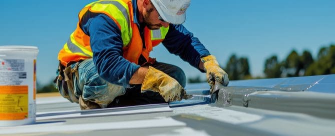 A roof worker is using a brush or tool to apply something (likely a coating) to a roof under a bright, clear sky.