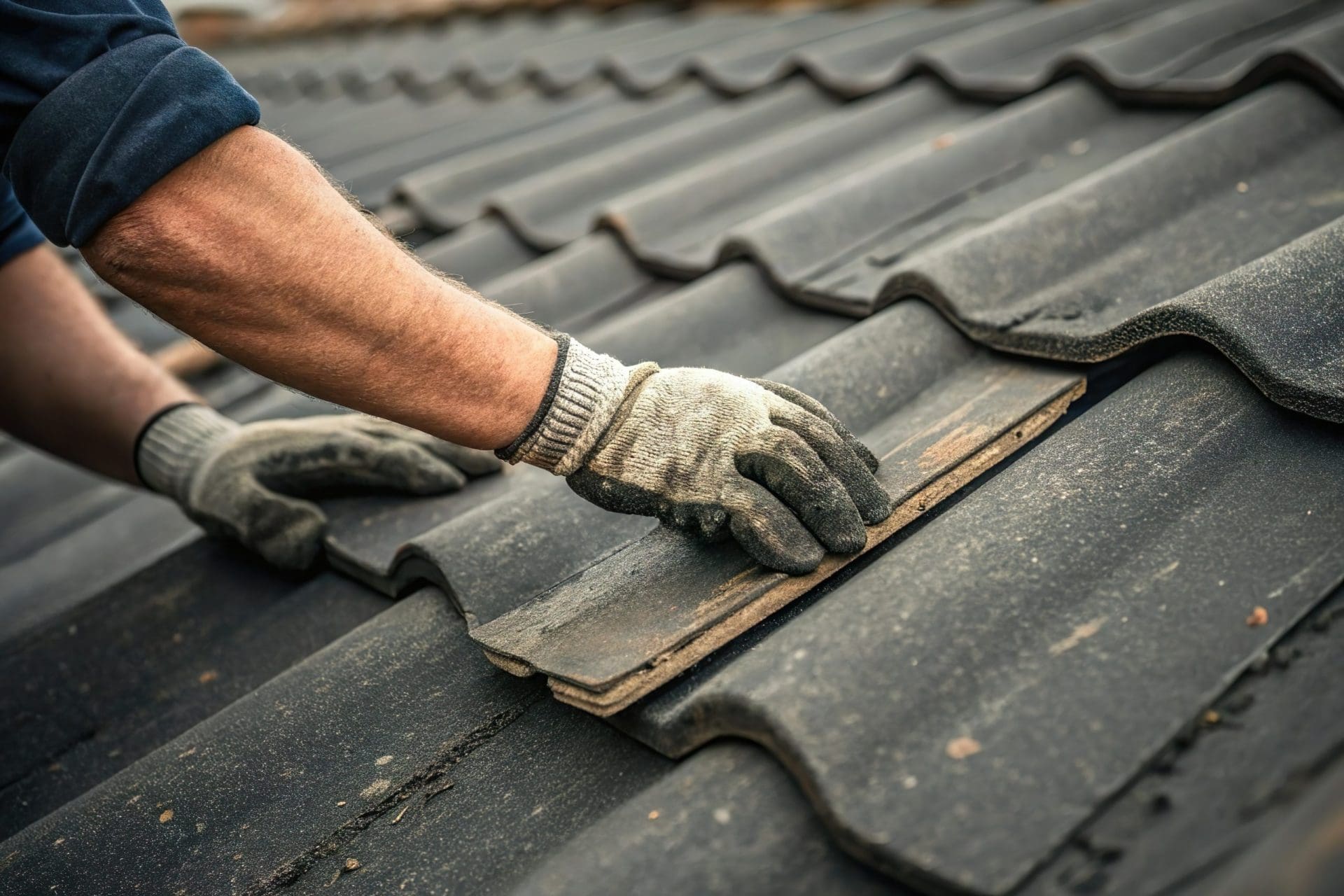 A worker in gloves is replacing or fixing a part of a roof, possibly adjusting or adding shingles to a sloped roof.