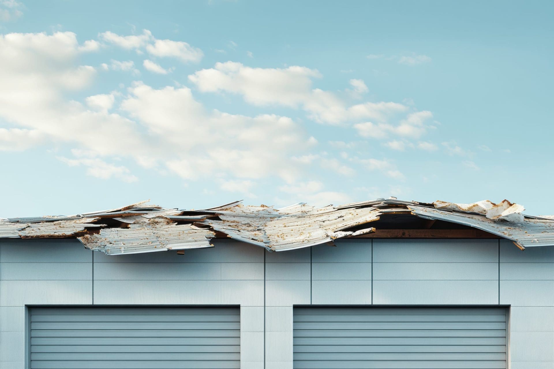 Damaged roof showing peeling materials against a clear sky.