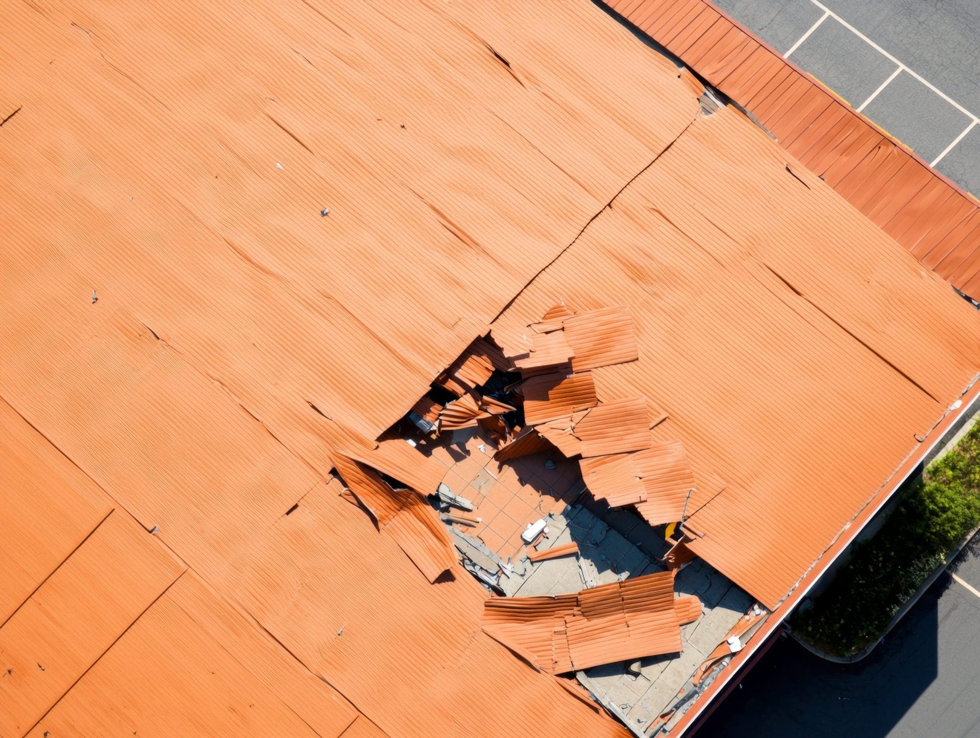 A damaged roof with large hole, showing debris and exposed structure.