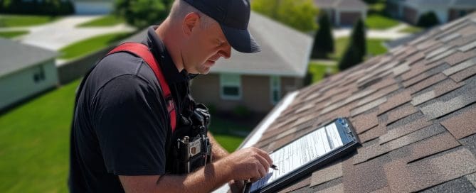 A roof inspection in progress, with an inspector carefully examining the shingles, gutters, and overall roof structure.