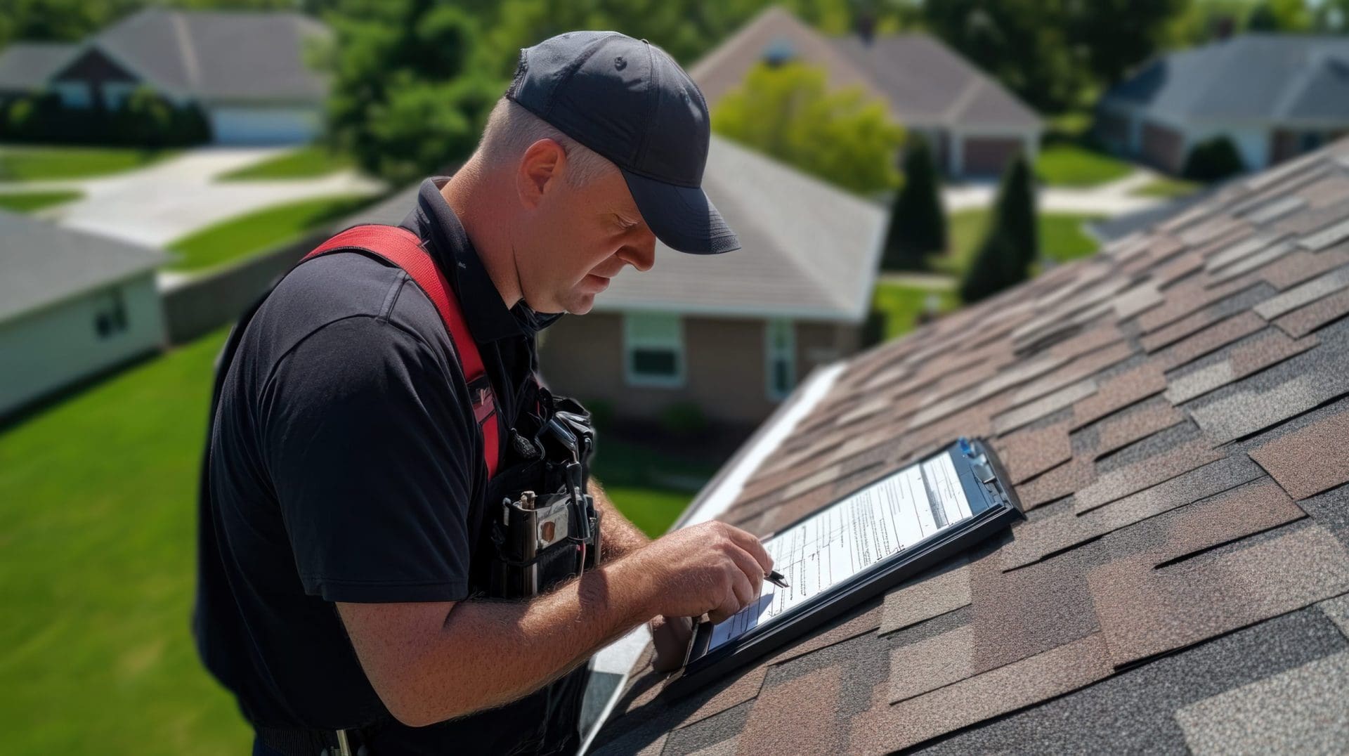 A roof inspection in progress, with an inspector carefully examining the shingles, gutters, and overall roof structure.