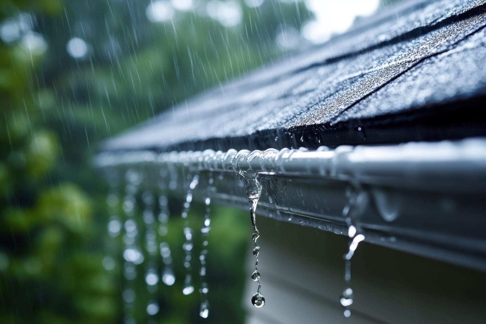 Rain falling from side of roof.