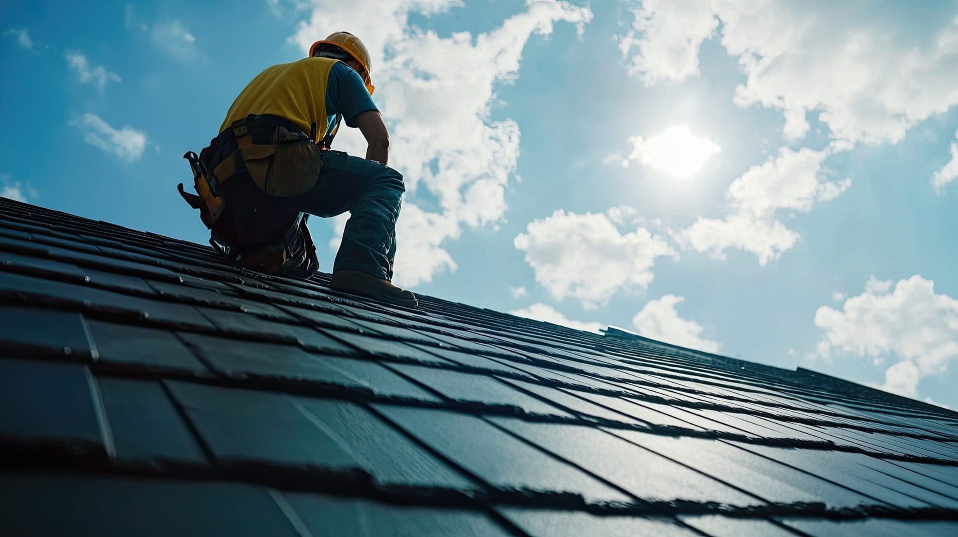 A worker on roof under a bright sky with clouds.