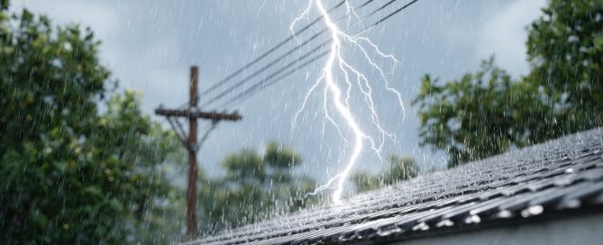 Lightning striking a roof during a heavy downpour, rain hitting the roof and splashing.