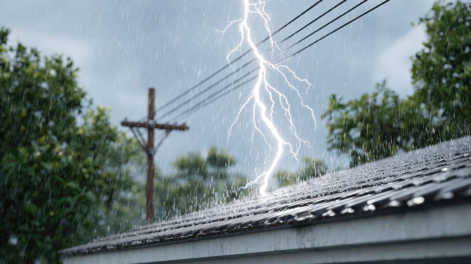 Lightning striking a roof during a heavy downpour, rain hitting the roof and splashing.
