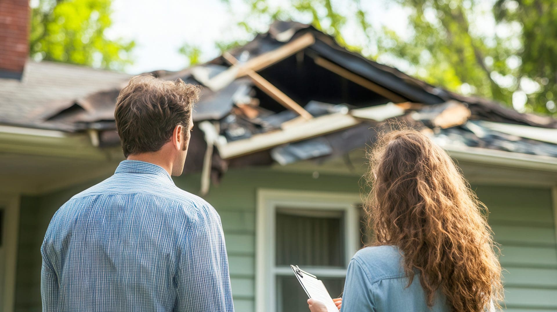 Homeowners assess damage after severe storm causes roof collapse.
