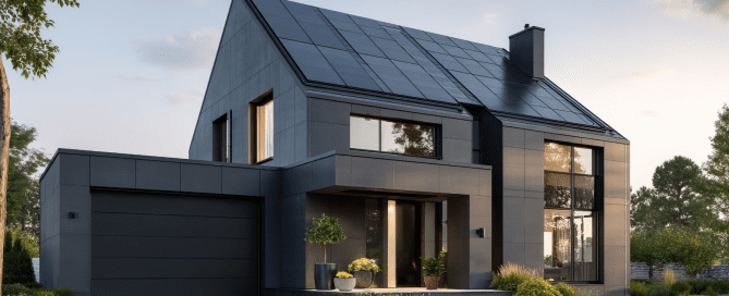 Sleek, modern house with full-roof solar panel installation in daylight.