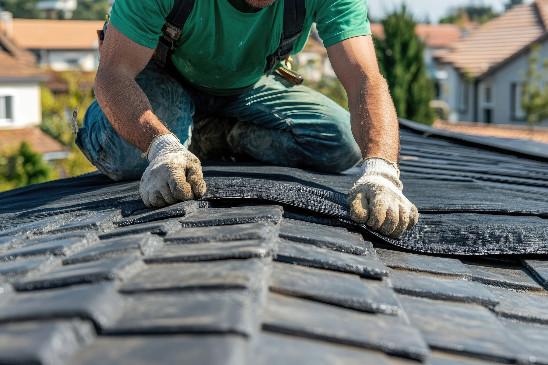 Worker in gloves placing shingles on a sloped rooftop.