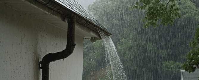 Water pouring over a clogged or overwhelmed gutter system.