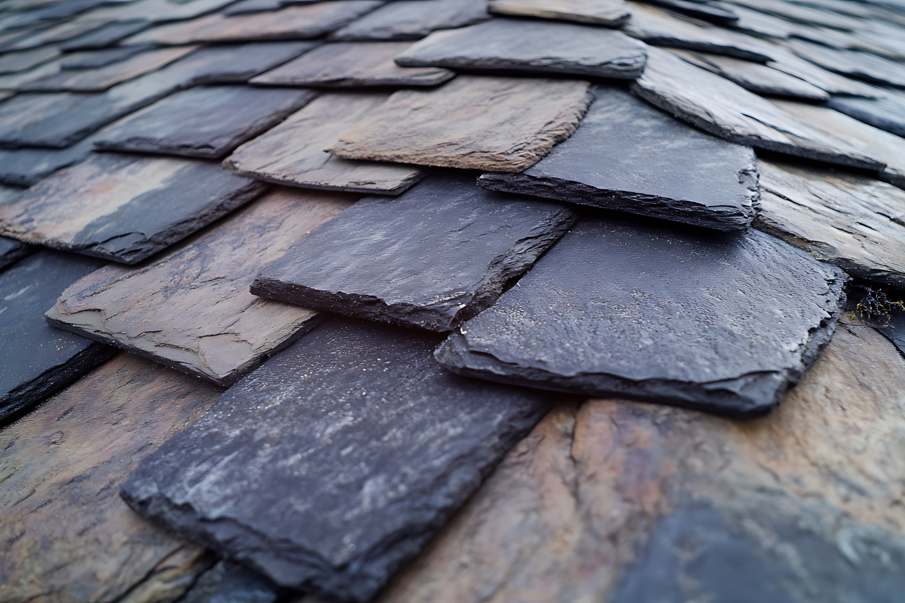 Close-up view of layered natural slate tiles showing texture and pattern.