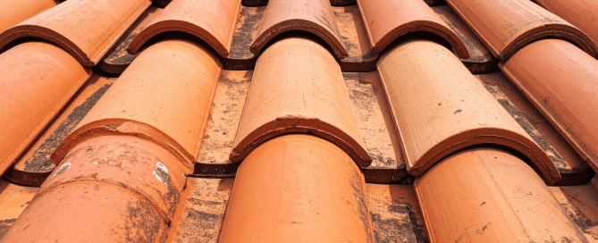 Close-up of traditional curved terracotta roofing tiles arranged in rows.