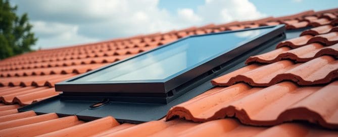 Detailed red roof tiles and a contrasting black skylight under a partly cloudy sky, with crisp daylight highlighting textures and architectural lines