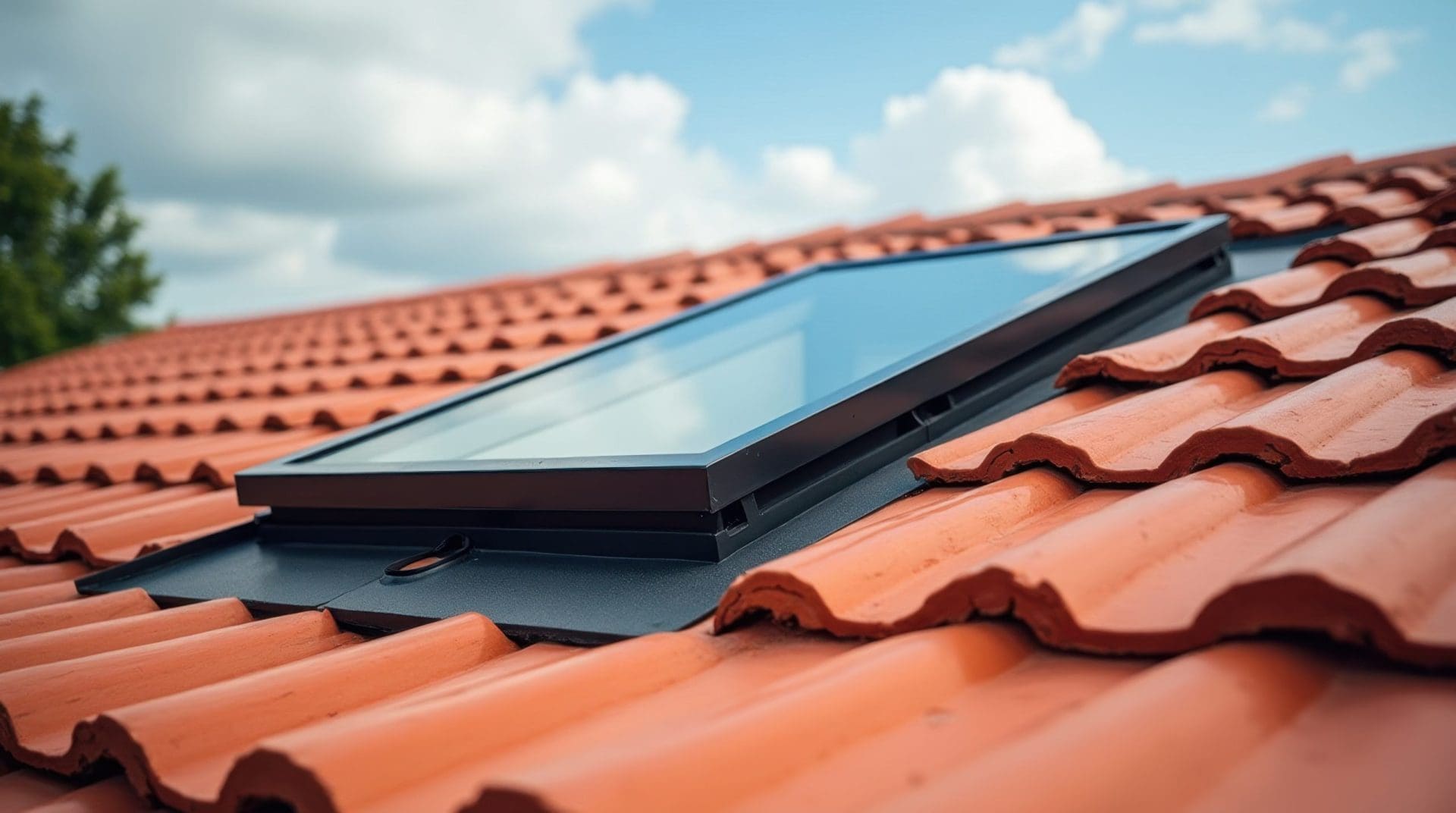 Detailed red roof tiles and a contrasting black skylight under a partly cloudy sky, with crisp daylight highlighting textures and architectural lines