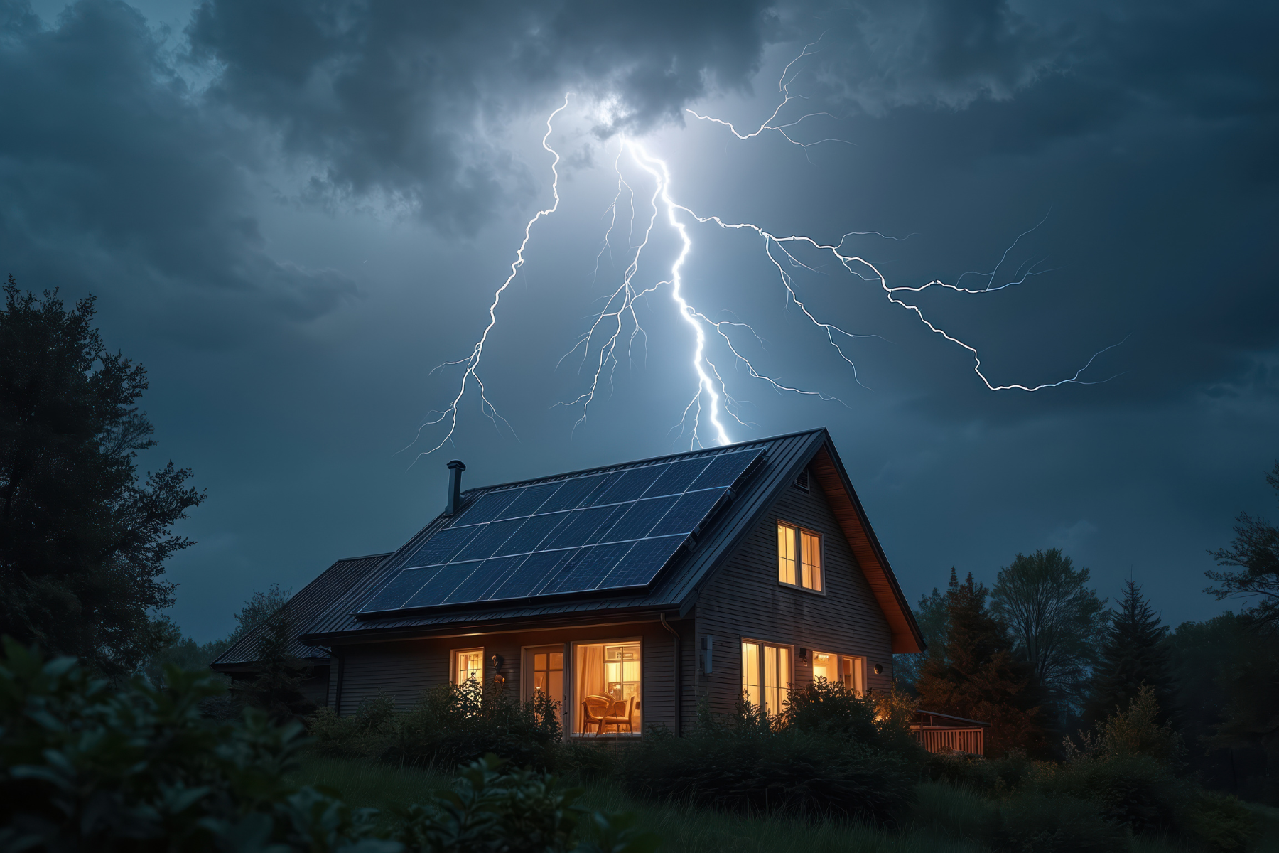 Lightning strikes near a house with solar panels during a stormy night.