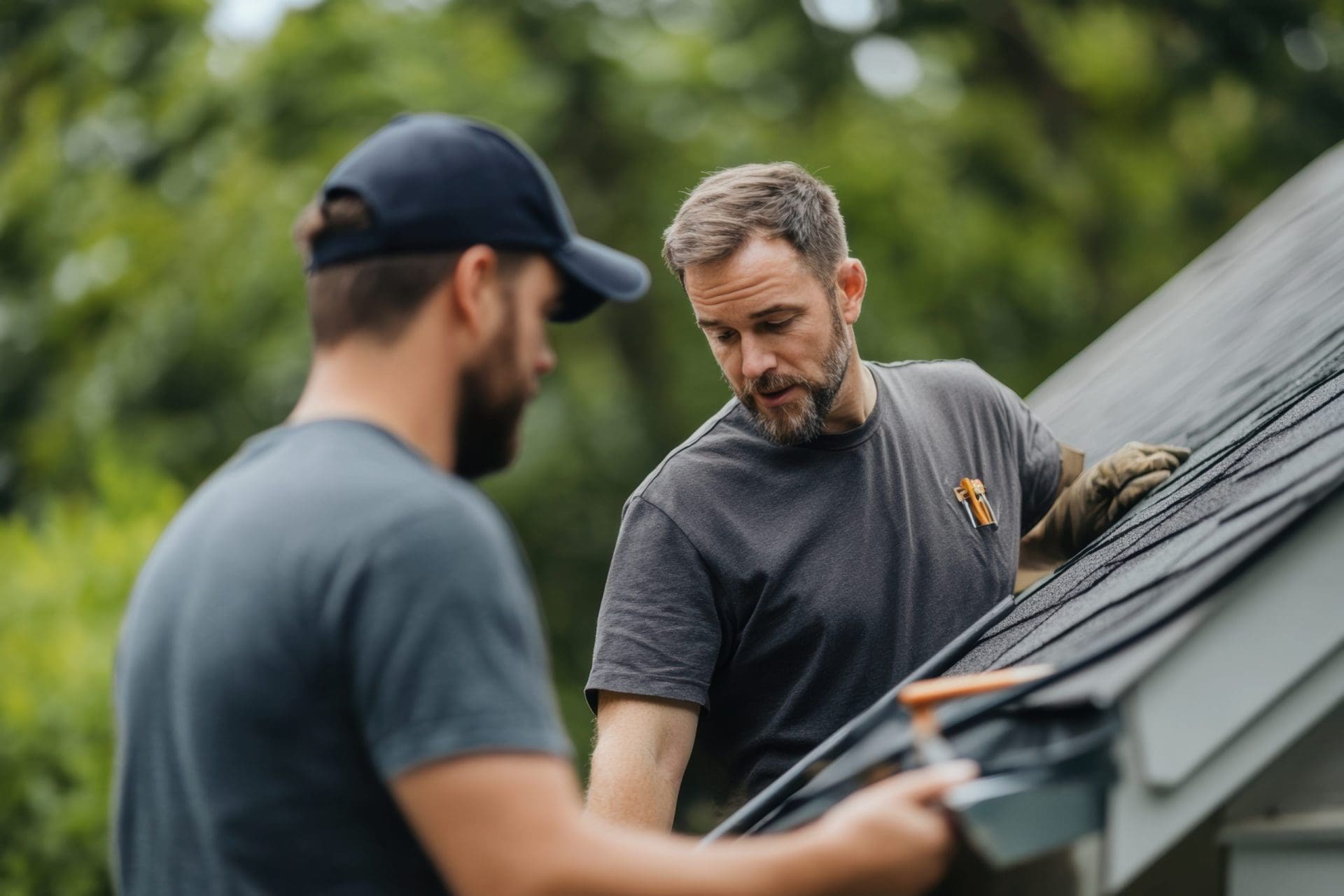 Two man working on roof.