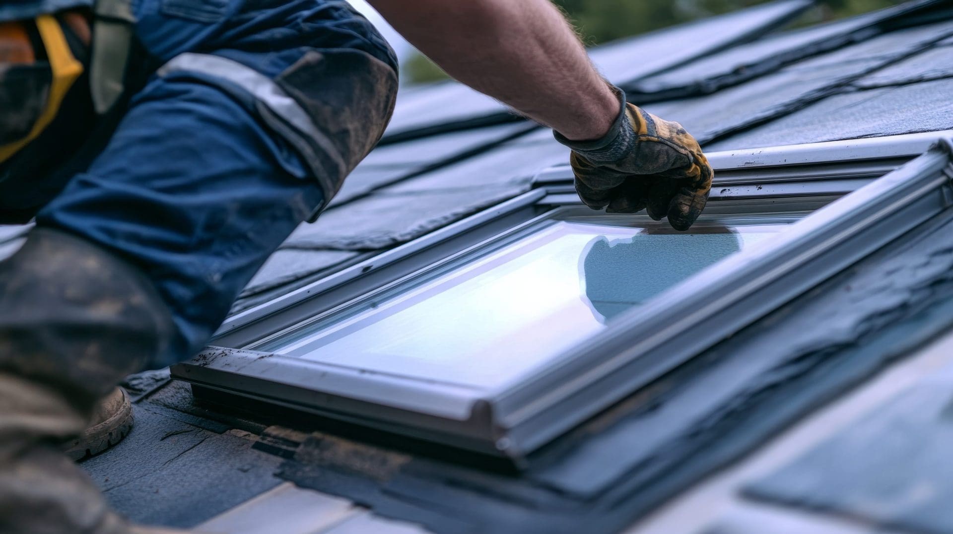 Roofing worker replacing a damaged skylight on a roof.