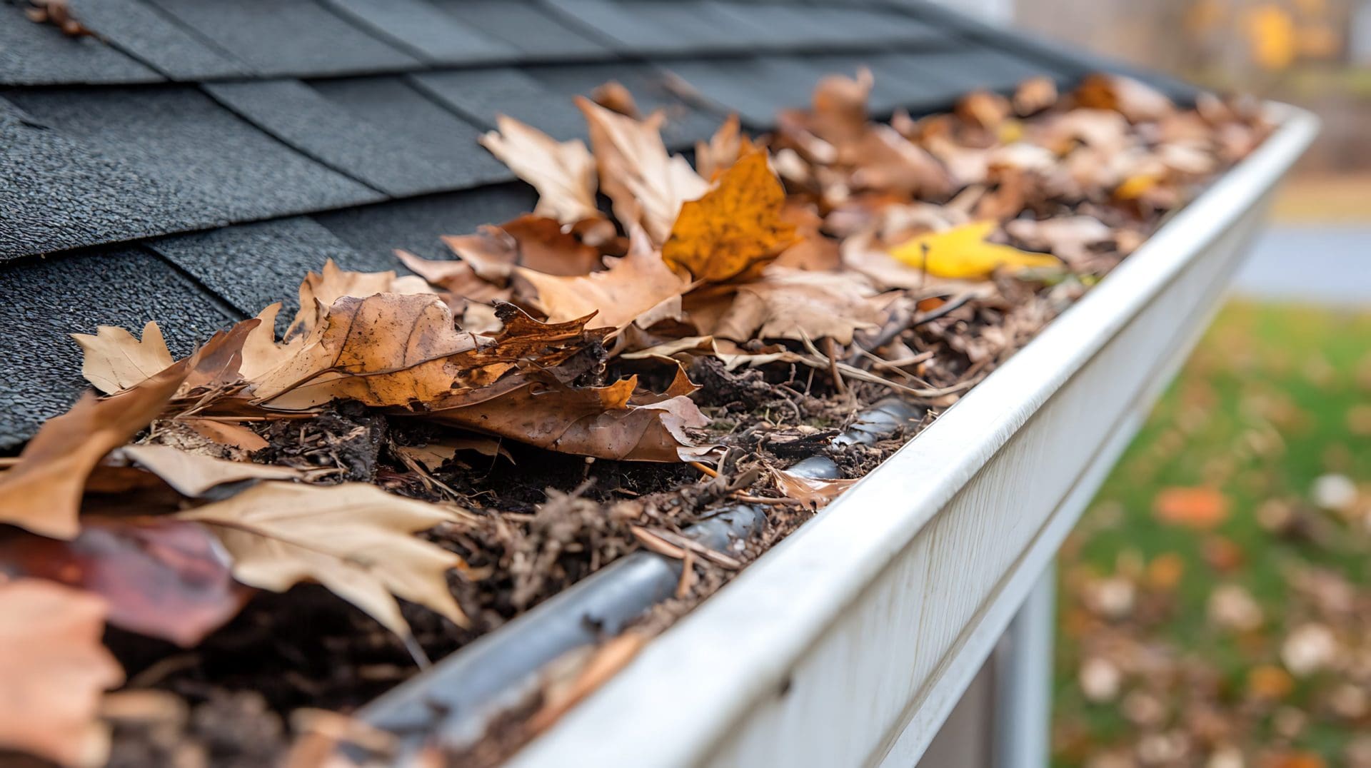 Gutter clogged with decaying leaves on roof.