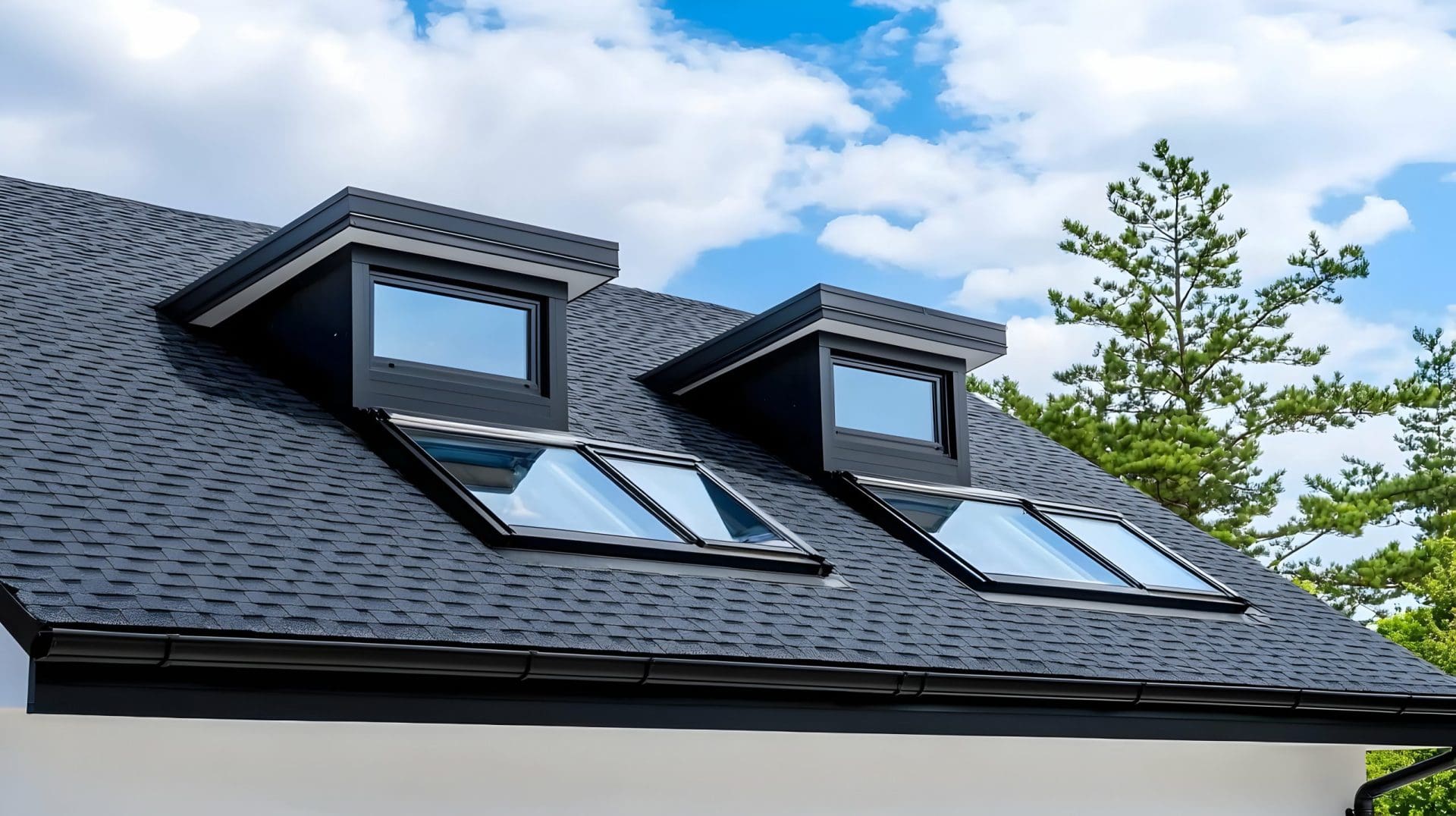 House roof with skylights and dormer windows is shown.