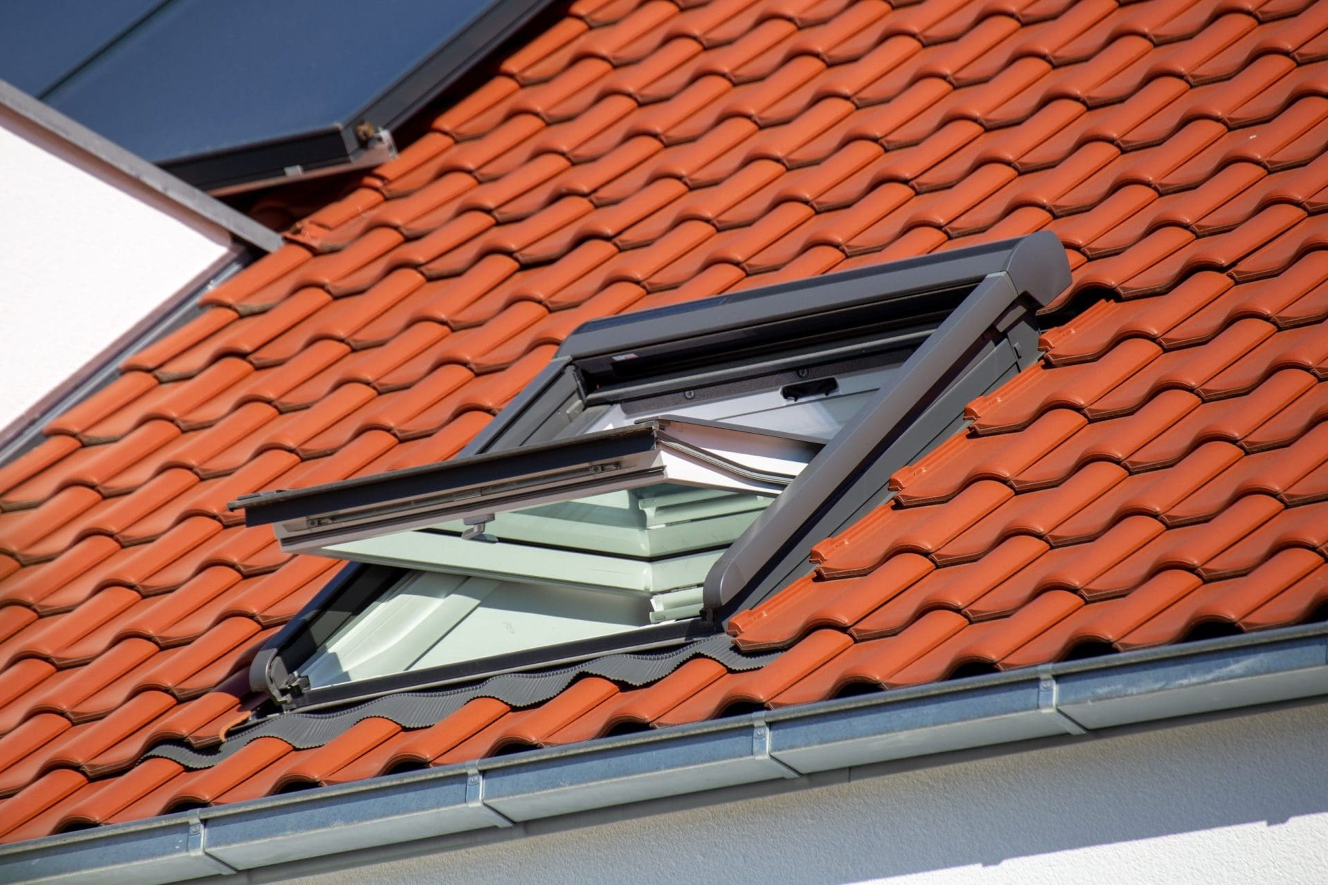 Skylight on shingle roof.