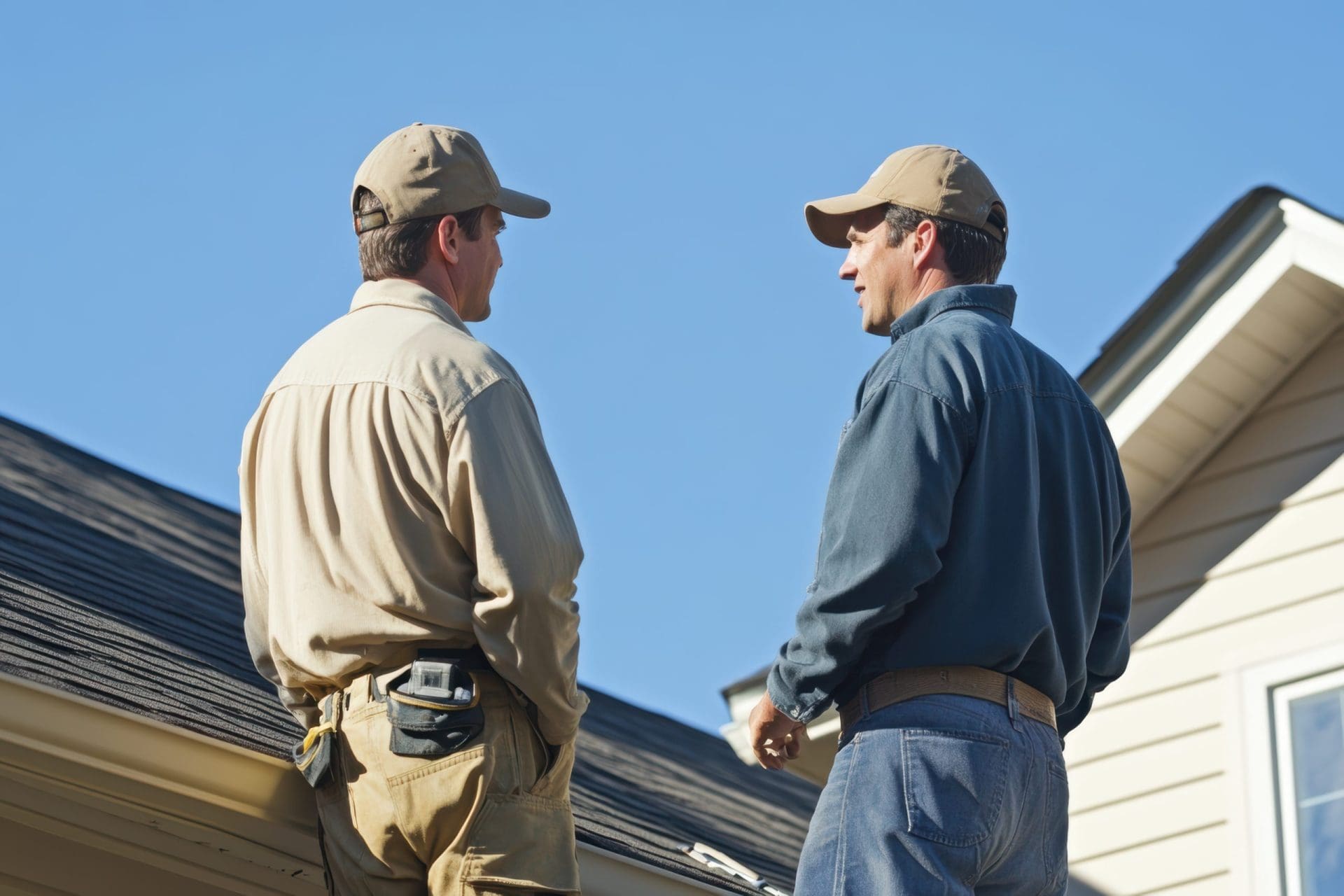 Two roofers talking.