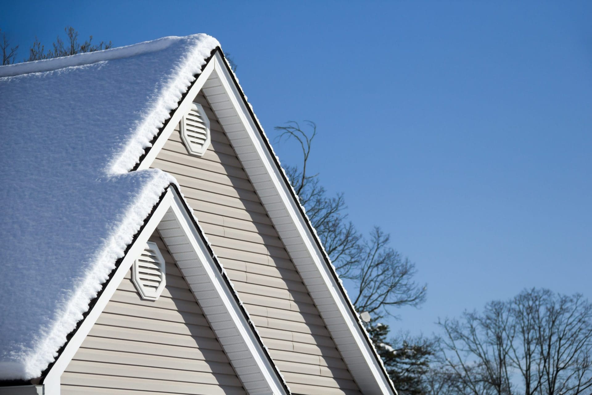 Steep gable rooftops coated in snow on a bright winter day, with trees in the background under a clear sky.