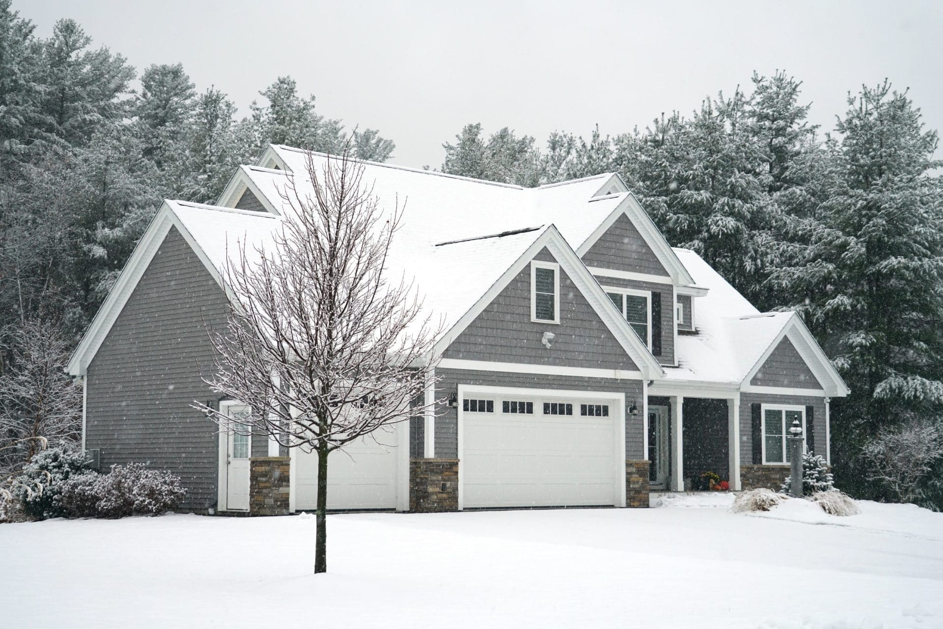 Winter house with woods in snow storm.