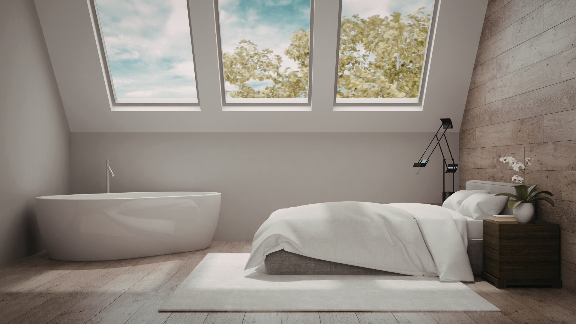 Room with bed and bathtub and three skylights