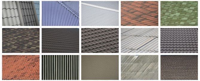 A collage of many pictures with fragments of various types of roofing close up.