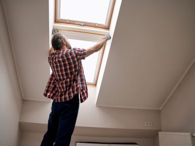 Inside a room with a sloped white ceiling, a man in a red plaid shirt and jeans reaches up with both hands to open or adjust a skylight window. The angle is from below, looking up toward the skylight.