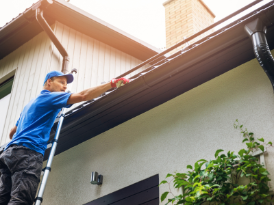 A man in a blue shirt and cap stands on a ladder, reaching up to clean or inspect the gutter along the roofline of a light-colored house. A brick chimney, downspout, and shrubs are visible, with the photo taken from below.
