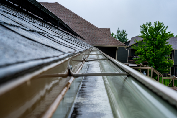 A long view down a wet metal gutter running along the edge of a shingled roof, with water pooled inside. A neighboring home, wooden deck railing, and green tree are visible in the background under an overcast sky.