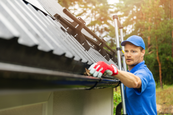 A man wearing a blue polo shirt, blue cap, and red work gloves stands on a ladder while inspecting a gutter attached to the edge of a dark metal roof. Trees and greenery are visible in the background.