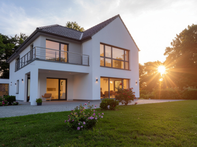 A modern two-story white home with large windows, a covered patio, and a small second-floor balcony. The setting sun shines through trees in the background, and a landscaped lawn with flowering plants is visible in the foreground.