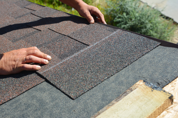 A close-up of two hands positioning multi-toned asphalt shingles onto a rooftop. Exposed wood decking is visible at the roof's edge, along with green shrubs and stone in the background.
