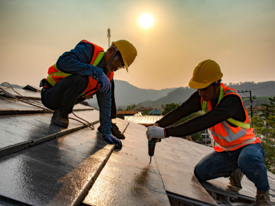 Two workers wearing yellow hard hats, safety glasses, and reflective orange vests kneel on a rooftop. One holds a power drill while the other steadies a panel. The sun sets over mountains and a village in the background.