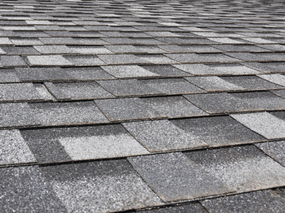 Description: A close-up view of a rooftop covered in gray asphalt shingles arranged in overlapping rows, showing the granular surface texture and staggered seam pattern.